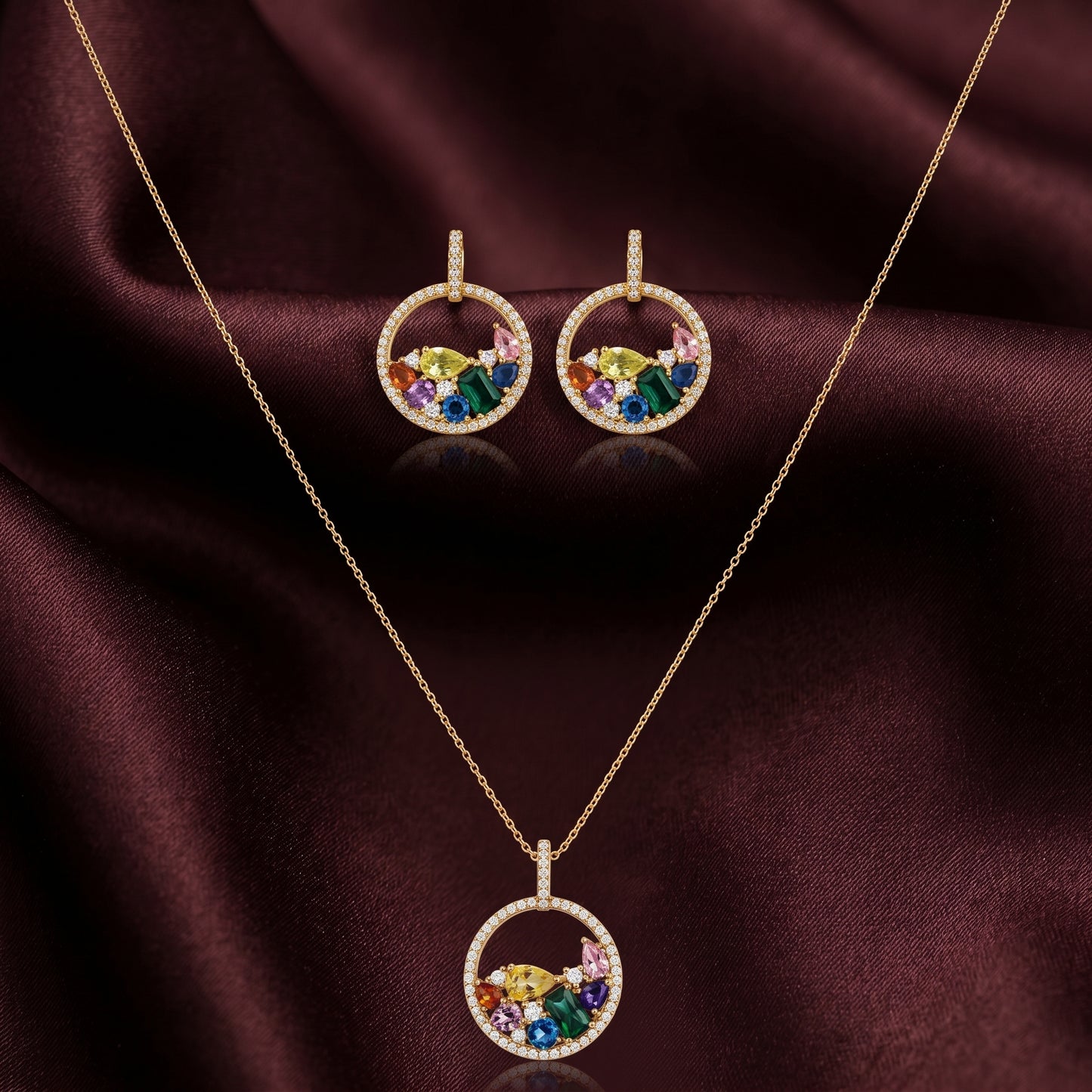 Multi-Sapphire Toned Sunburst Chain & Stud Earrings Set