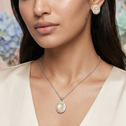 Oval Moon-Glow Chain & Stud Earrings Set