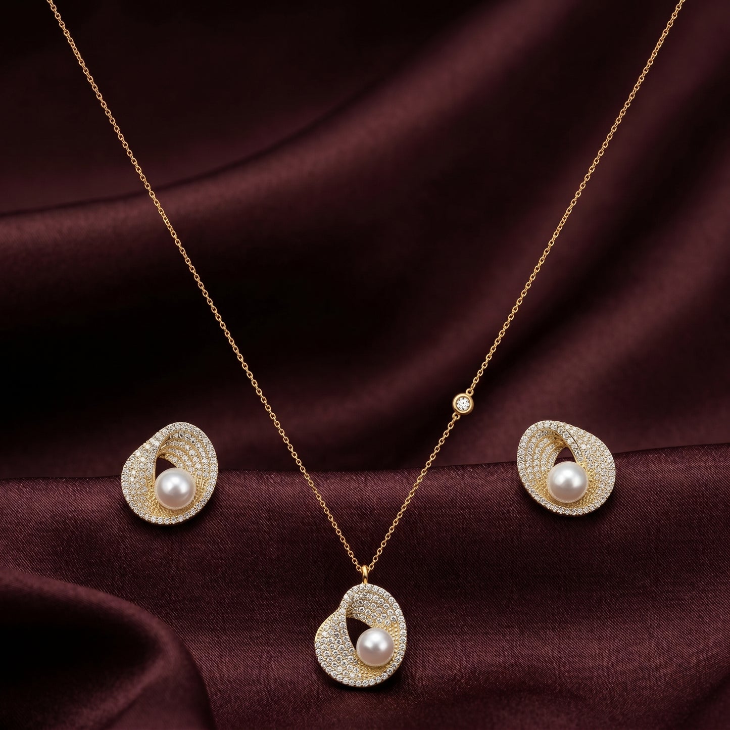 Radiant Swirl Pearl Chain & Stud Earrings Set