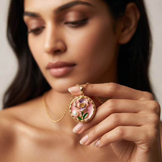 Vintage Pink Enamel Floral Pendant Necklace