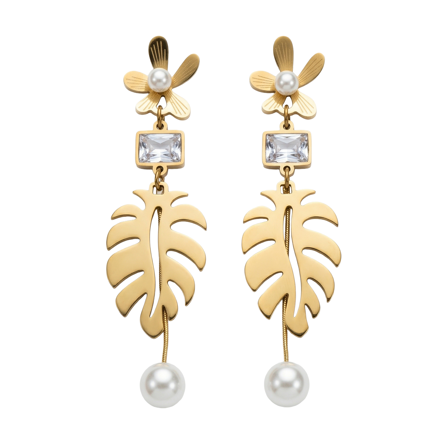 Tropical Monstera & Floral Pearl Drop Earrings