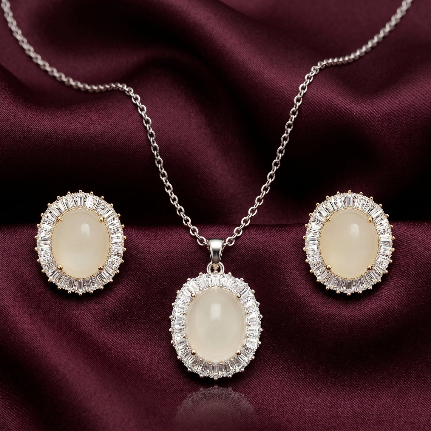 Oval Moon-Glow Chain & Stud Earrings Set