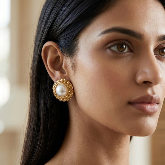 Braided Rope Border Faux Pearl Stud Earrings