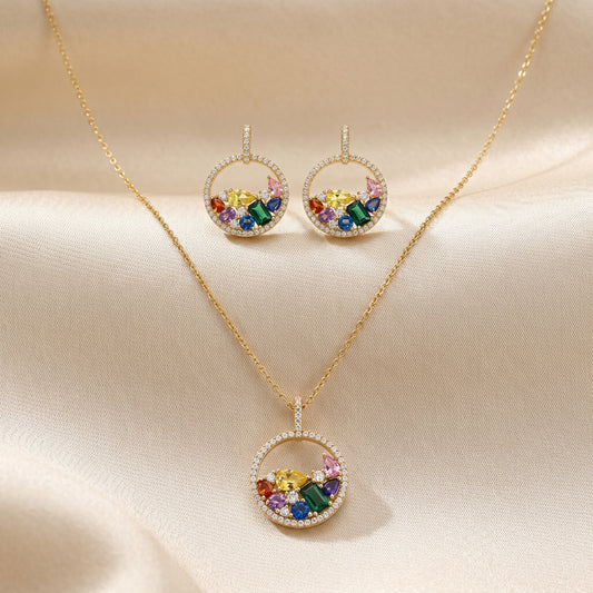 Multi-Sapphire Toned Sunburst Chain & Stud Earrings Set