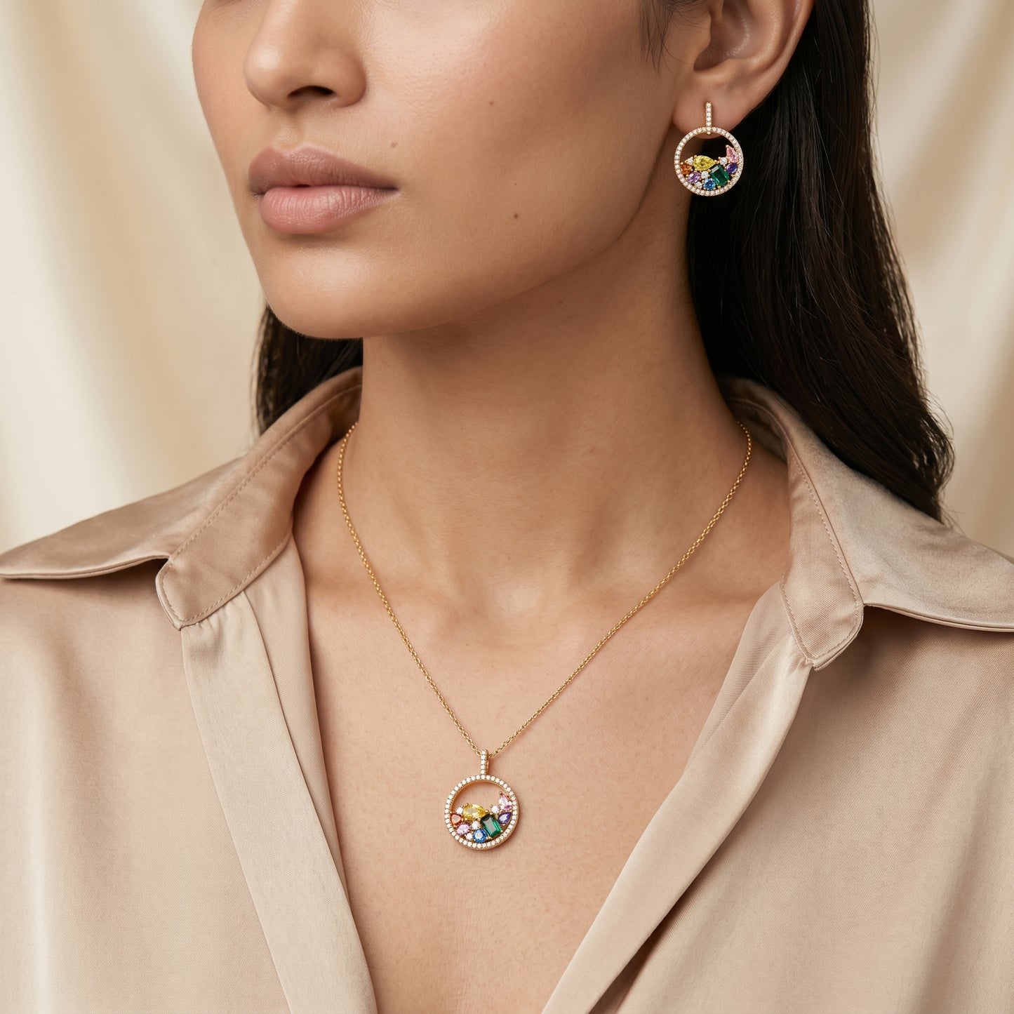 Multi-Sapphire Toned Sunburst Chain & Stud Earrings Set