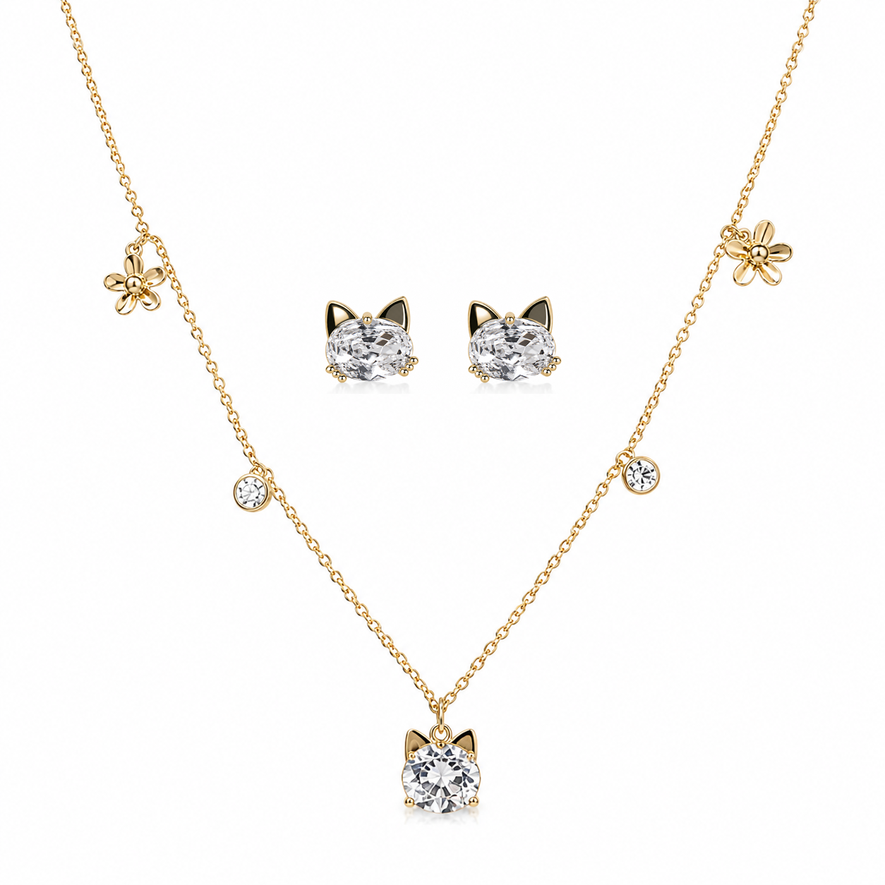 Whimsical Kitty Crystal Charm Chain & Stud Earrings Set