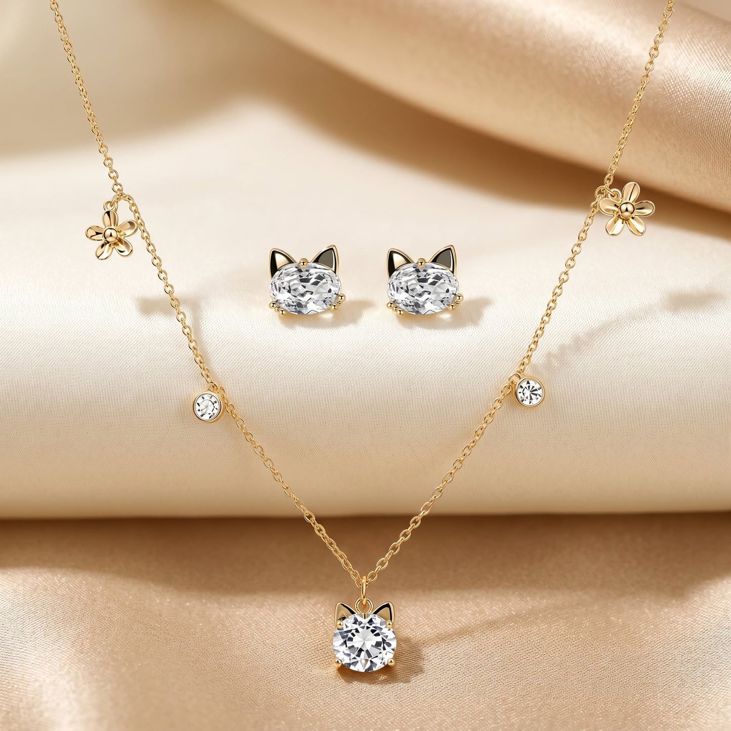 Whimsical Kitty Crystal Charm Chain & Stud Earrings Set