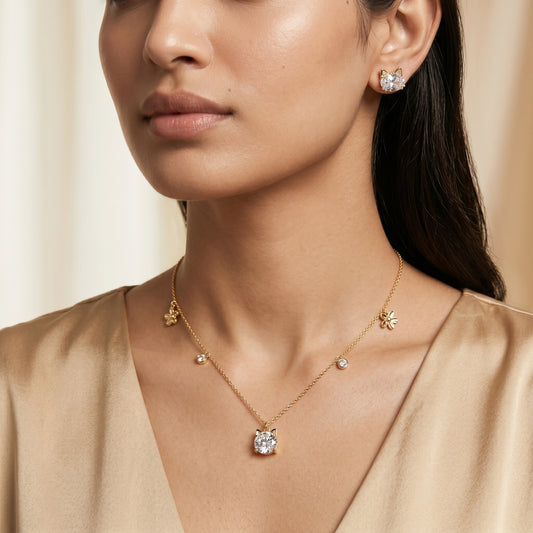 Whimsical Kitty Crystal Charm Chain & Stud Earrings Set