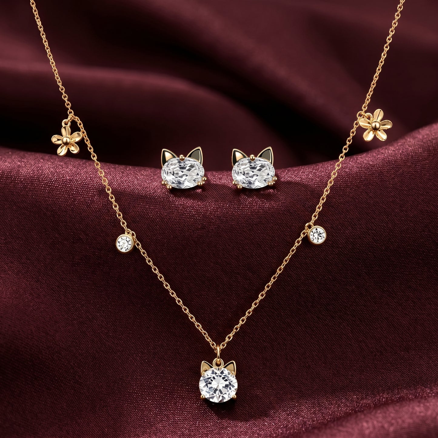 Whimsical Kitty Crystal Charm Chain & Stud Earrings Set