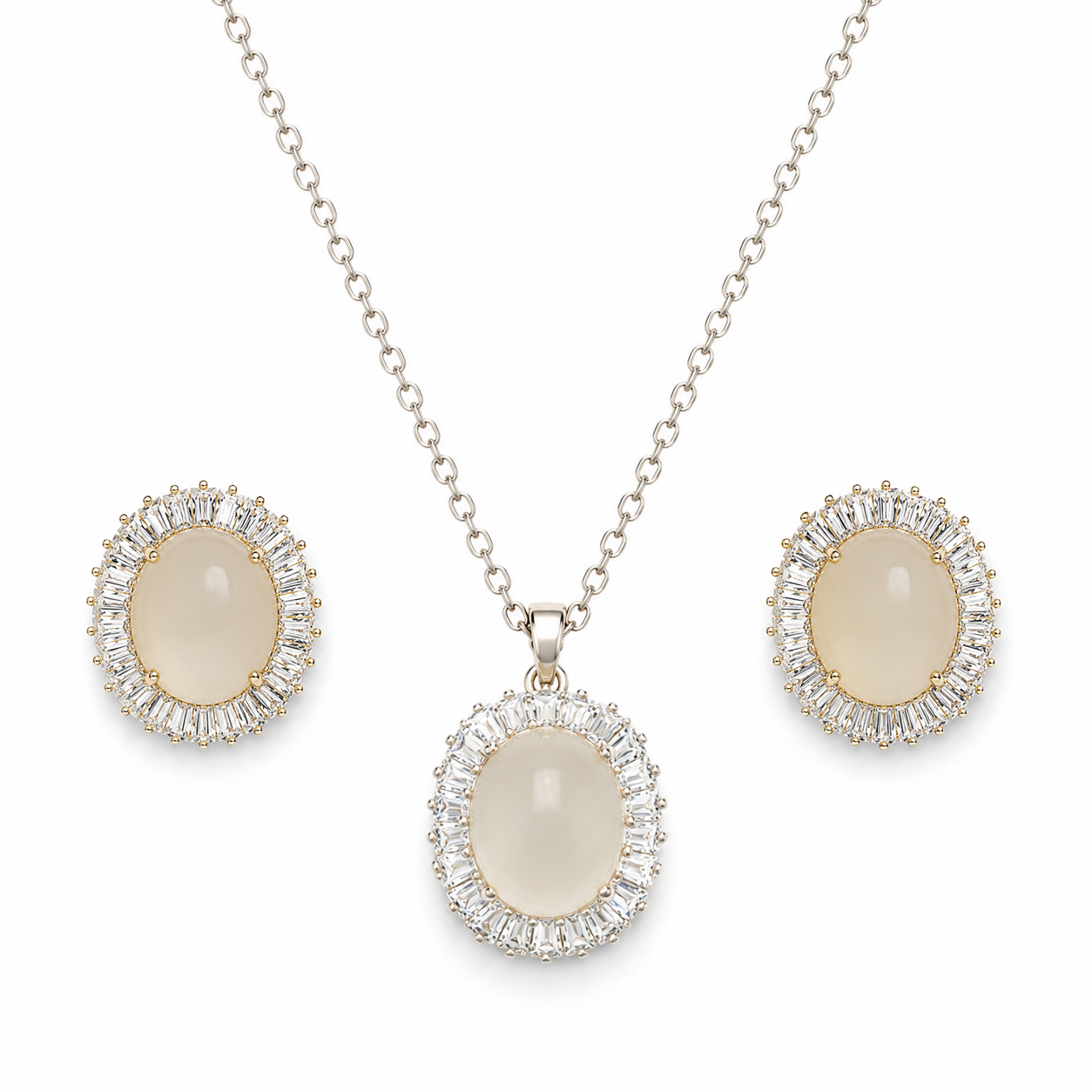 Oval Moon-Glow Chain & Stud Earrings Set