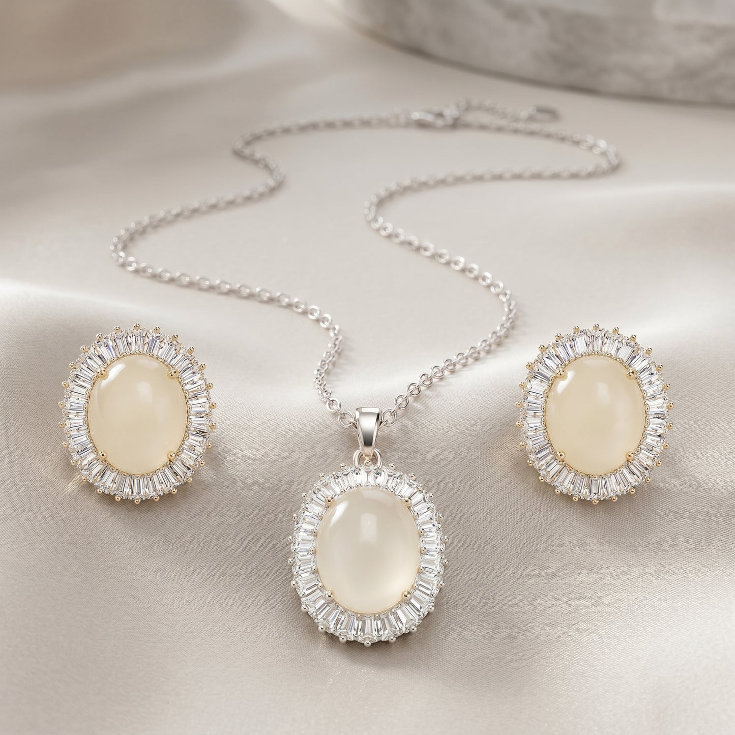 Oval Moon-Glow Chain & Stud Earrings Set