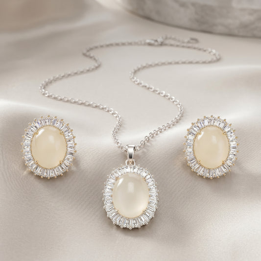 Oval Moon-Glow Chain & Stud Earrings Set