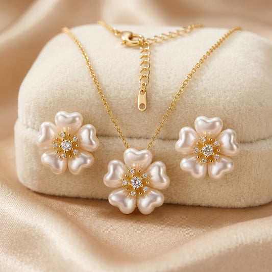 Pearl Heart Blossom Chain & Stud Earrings Set
