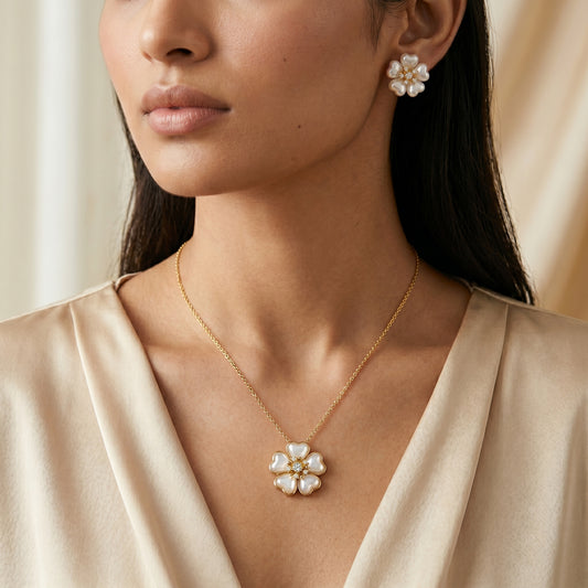 Pearl Heart Blossom Chain & Stud Earrings Set