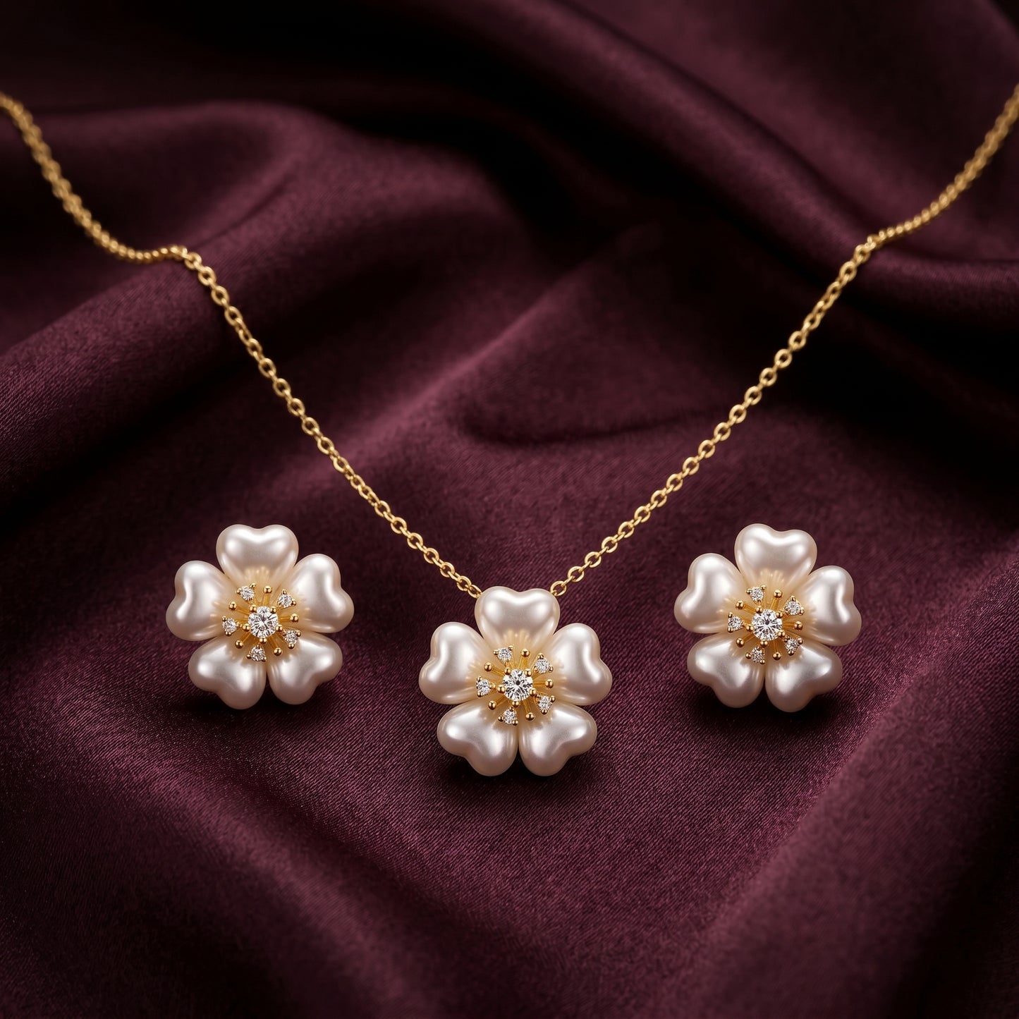 Pearl Heart Blossom Chain & Stud Earrings Set