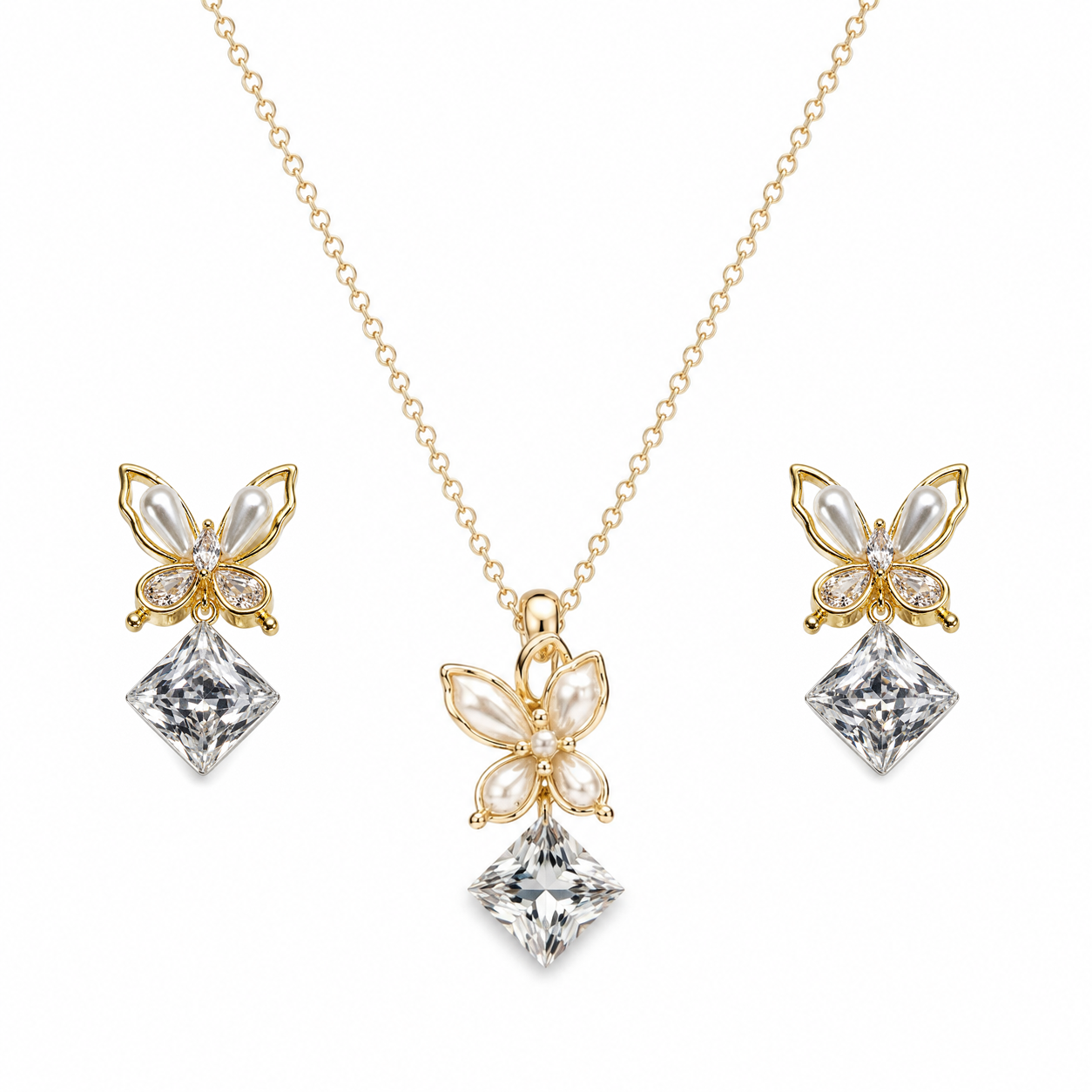 Butterfly Crystal Drop Chain & Stud Earrings Set