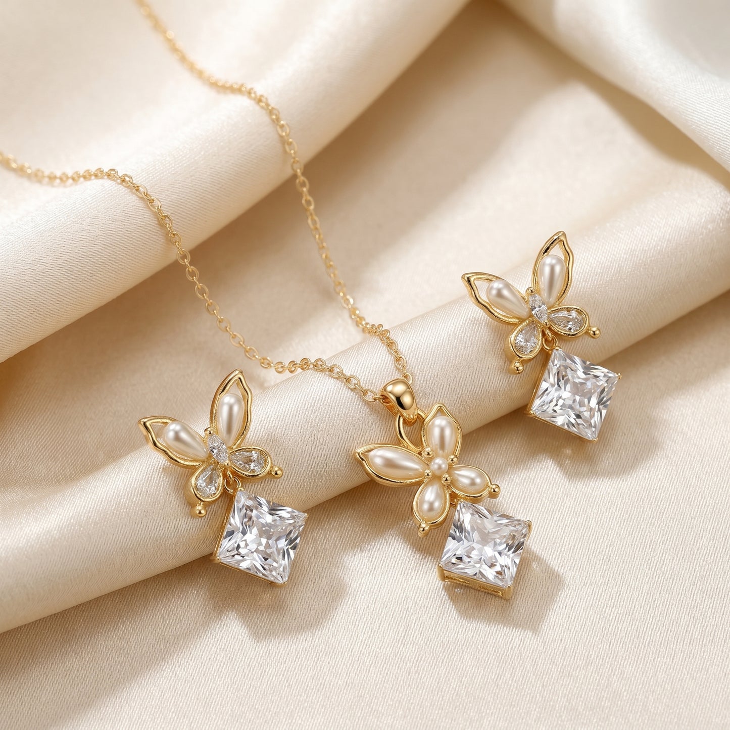 Butterfly Crystal Drop Chain & Stud Earrings Set