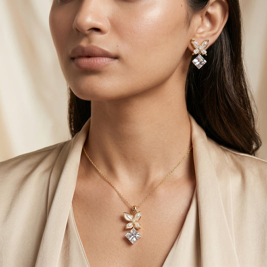 Butterfly Crystal Drop Chain & Stud Earrings Set