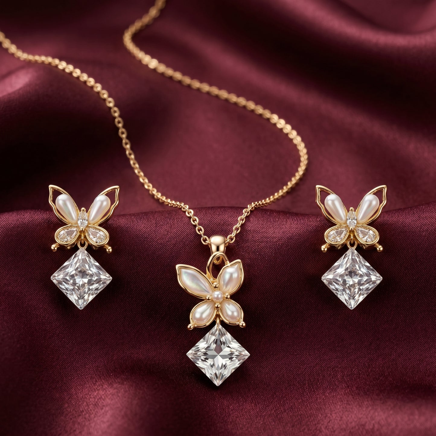 Butterfly Crystal Drop Chain & Stud Earrings Set