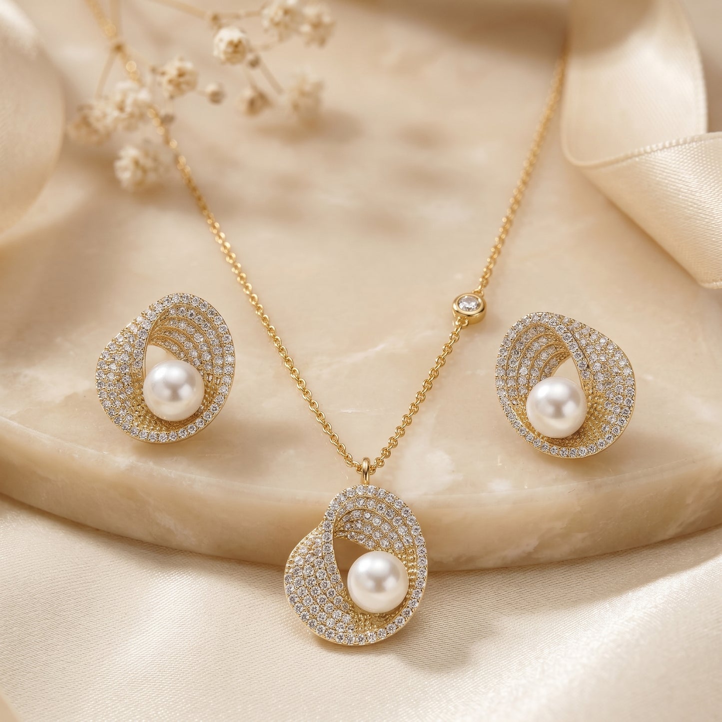 Radiant Swirl Pearl Chain & Stud Earrings Set