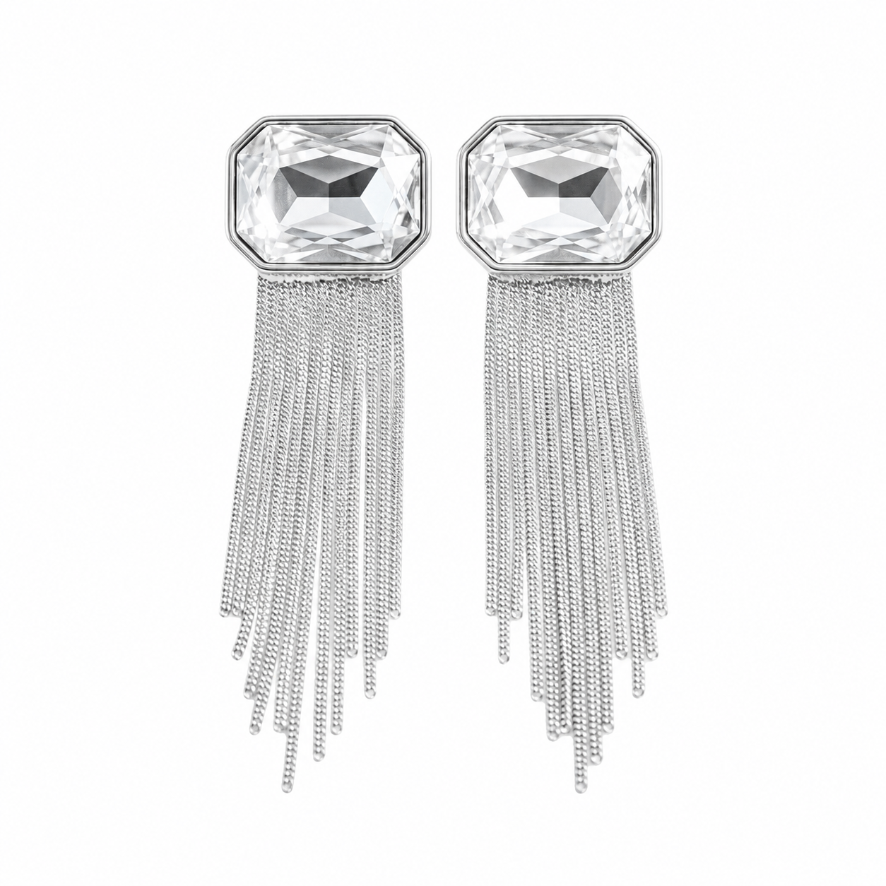 Emerald-Cut Crystal & Fringe Tassel Drop Earrings