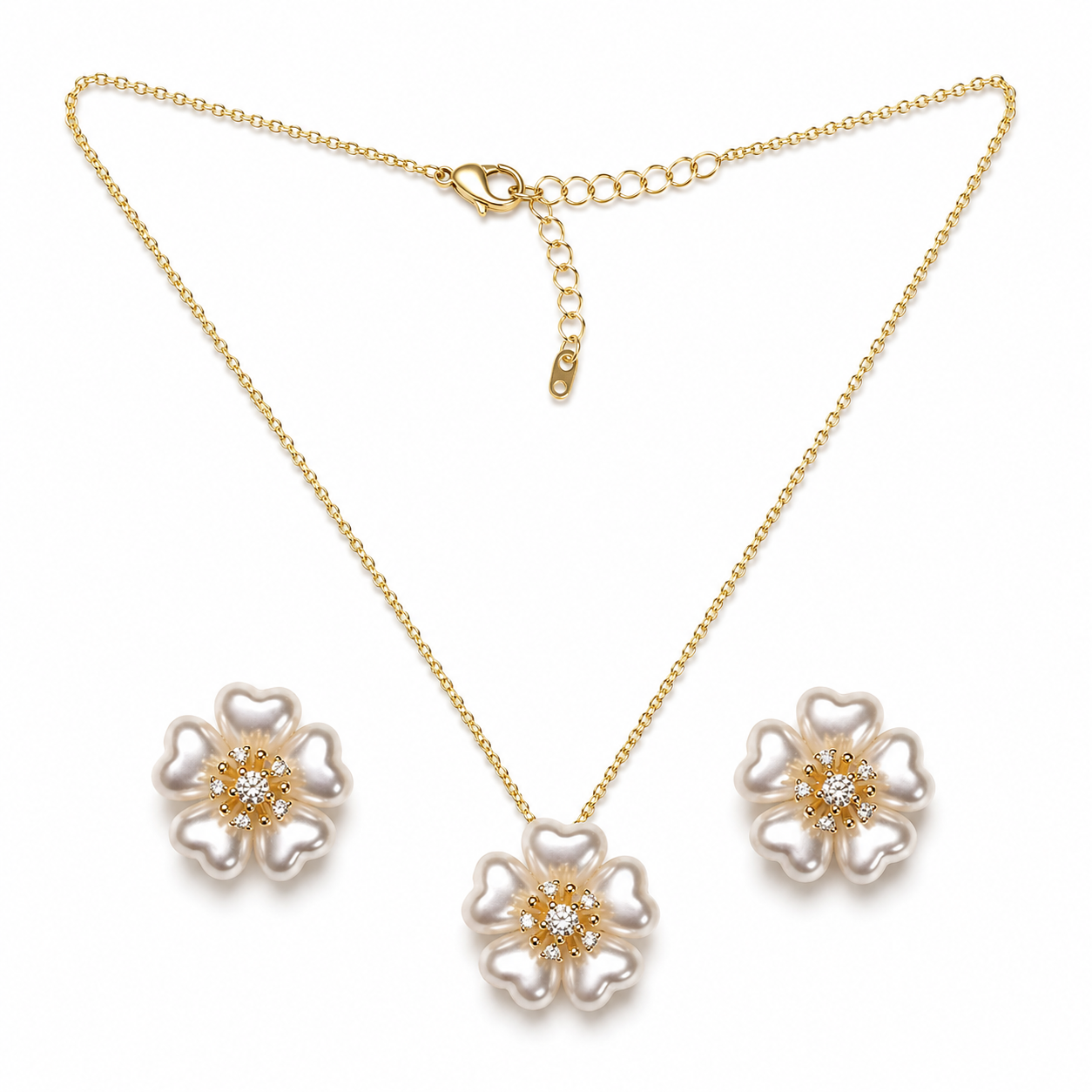 Pearl Heart Blossom Chain & Stud Earrings Set