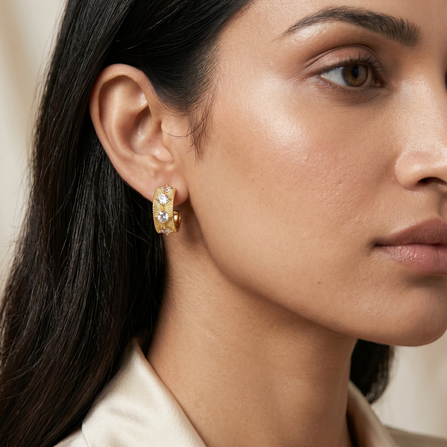 Elegant Textured Hoop Earrings with Crystal Accent