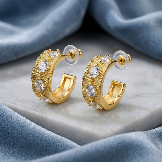 Elegant Textured Hoop Earrings with Crystal Accent