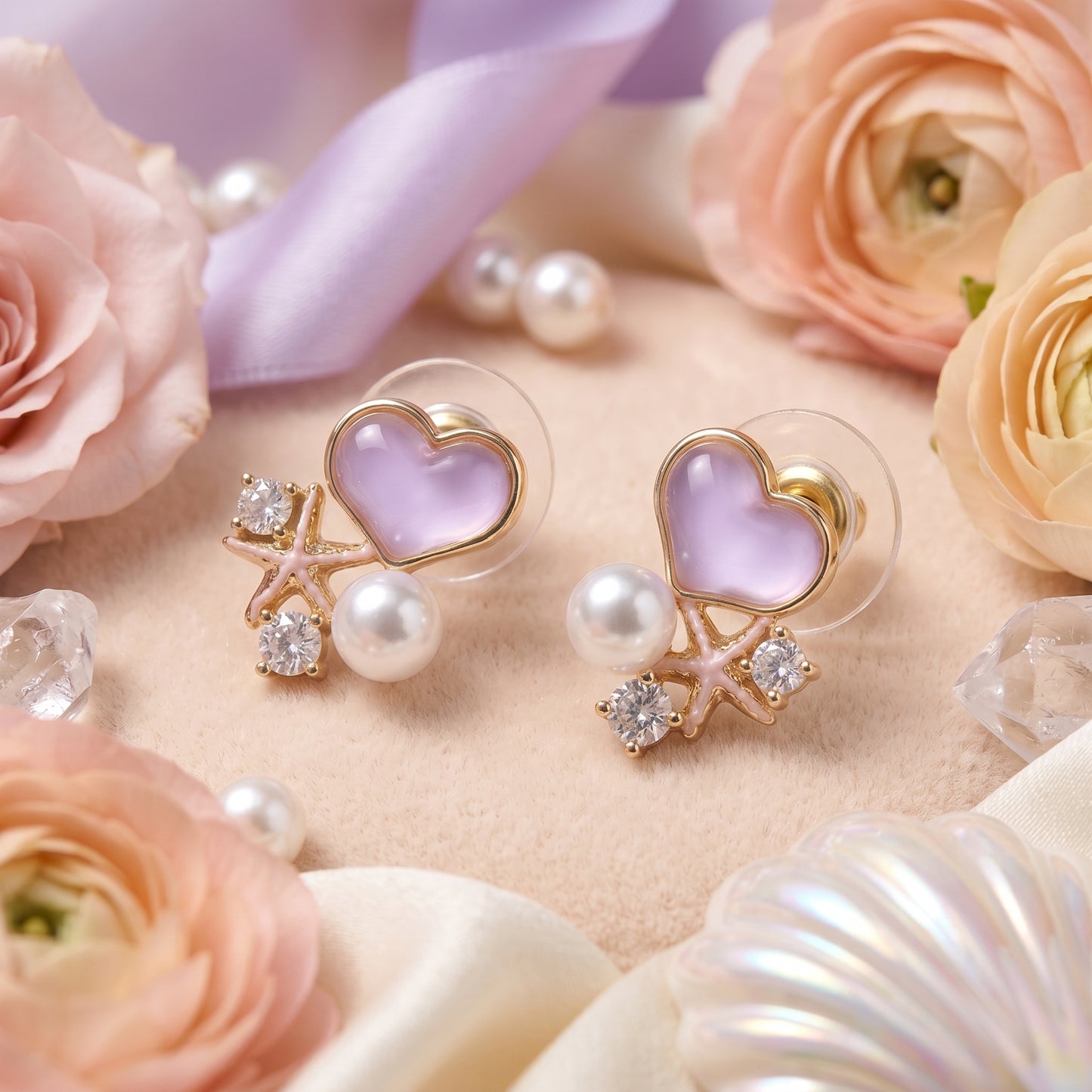 Pink Heart Pearl Accent Stud Earrings