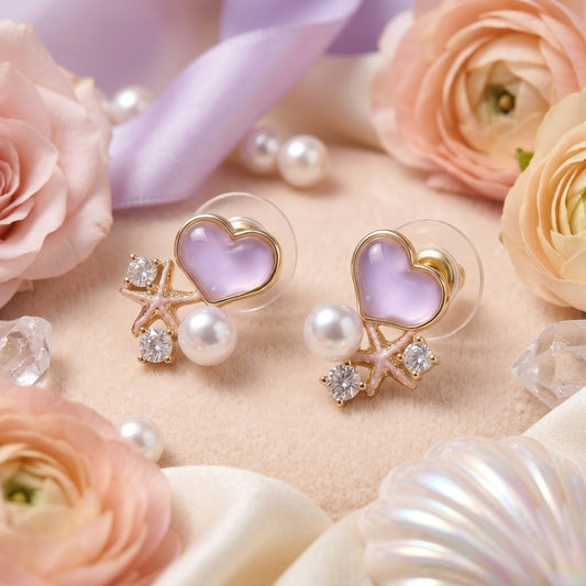 Pink Heart Pearl Accent Stud Earrings