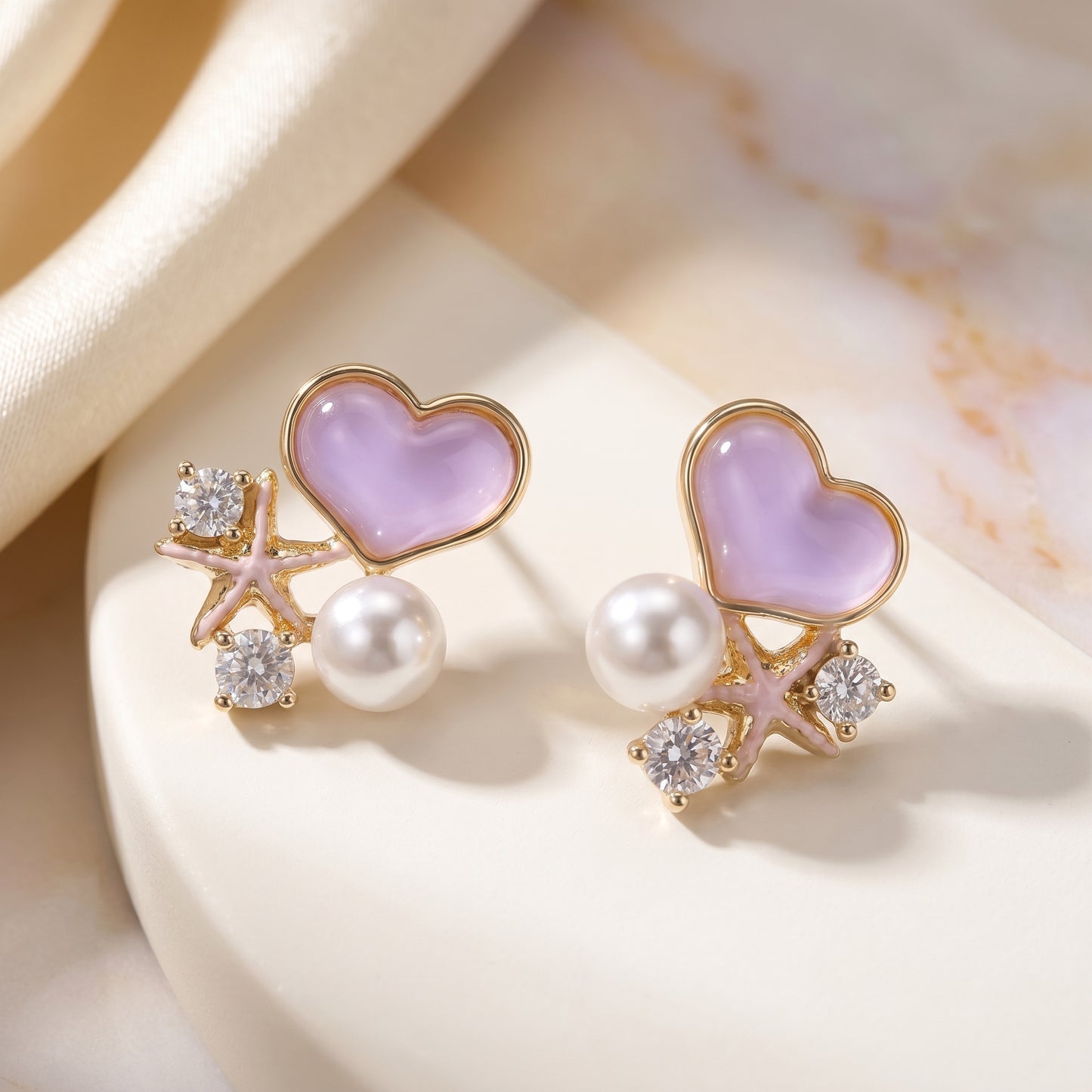Pink Heart Pearl Accent Stud Earrings