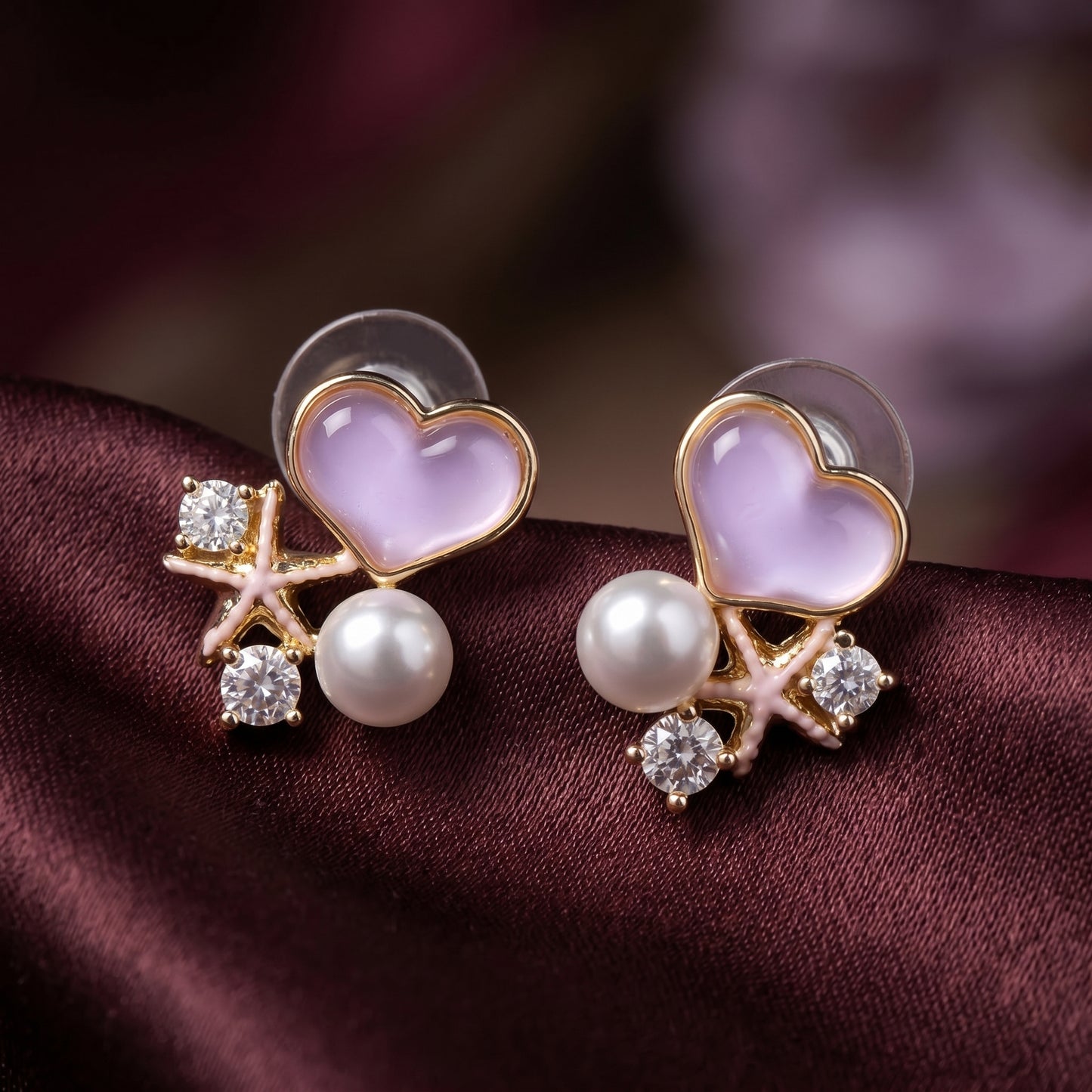 Pink Heart Pearl Accent Stud Earrings