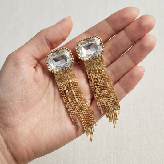 Emerald-Cut Crystal & Fringe Tassel Drop Earrings