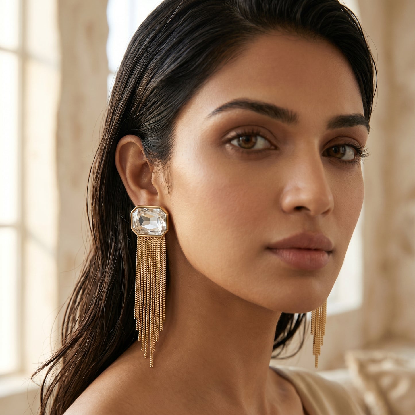Emerald-Cut Crystal & Fringe Tassel Drop Earrings