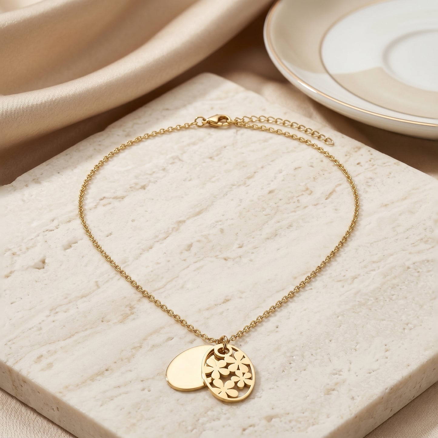 Layered Oval Floral Cutout Pendant Chain