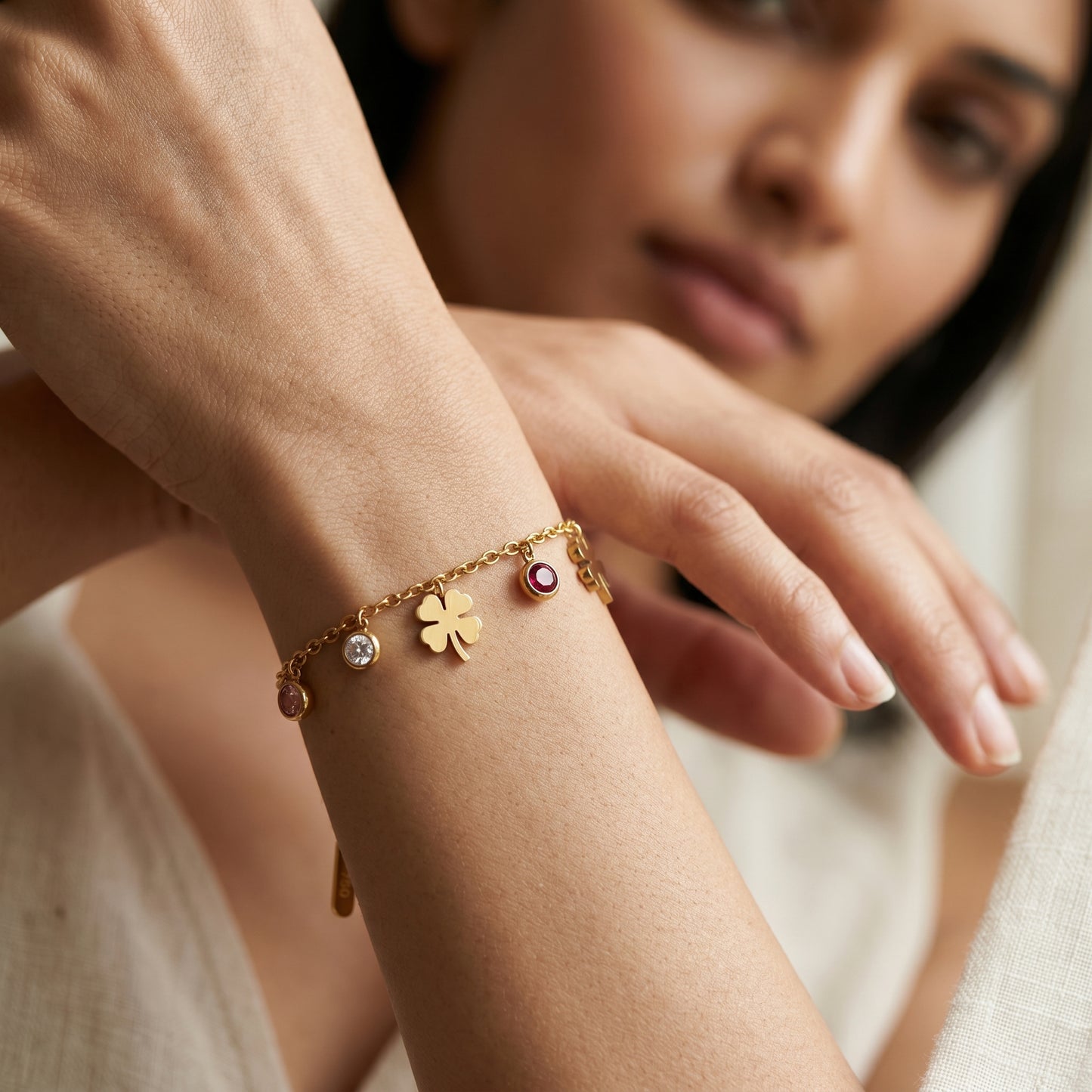 Lucky Clover Multi-Gemstone Charm Bracelet
