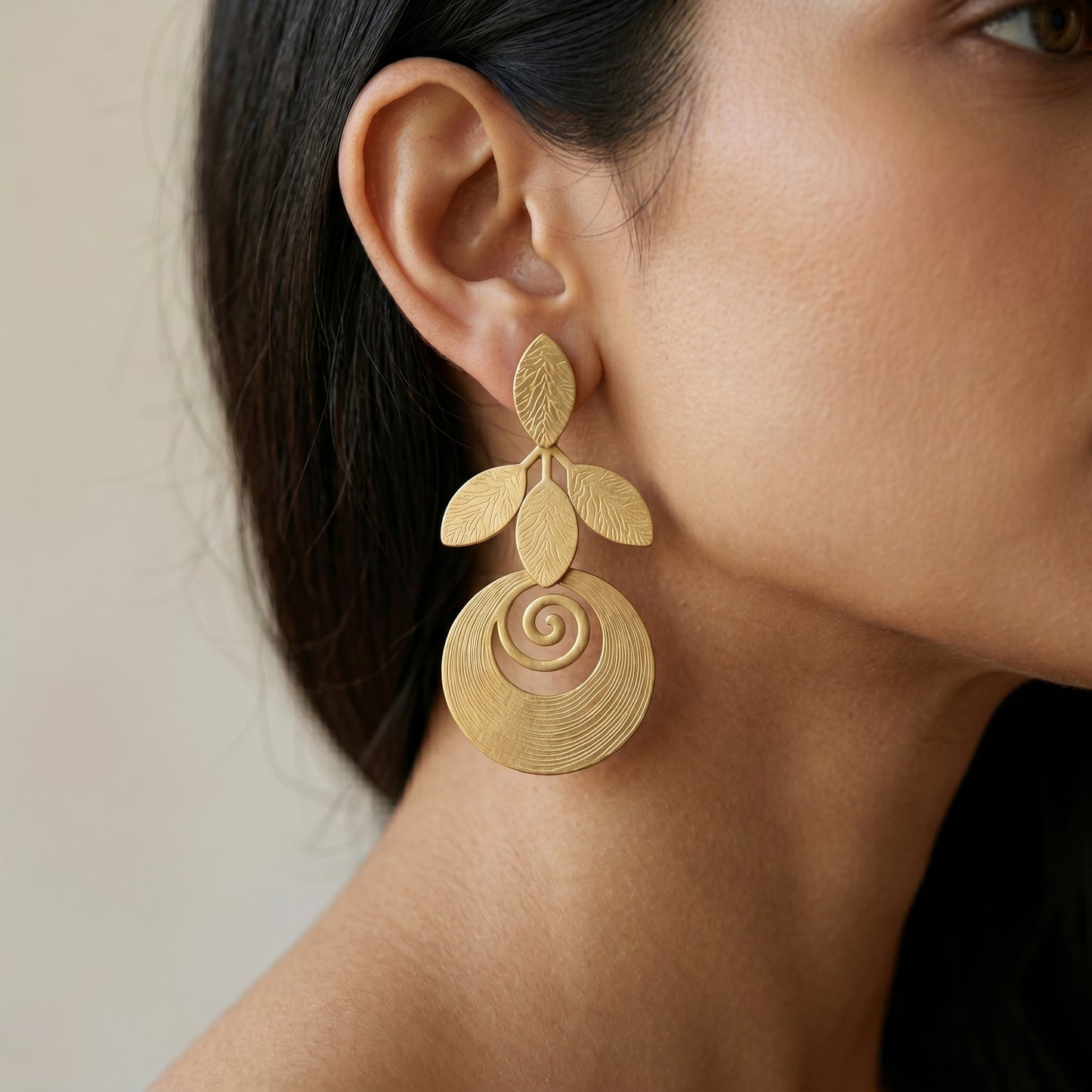 Matte Gold-Tone Laurel Leaf & Spiral Medallion Drop Earrings