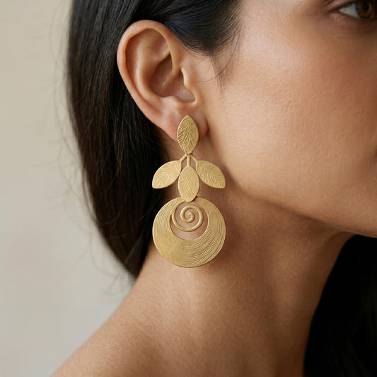 Matte Gold-Tone Laurel Leaf & Spiral Medallion Drop Earrings