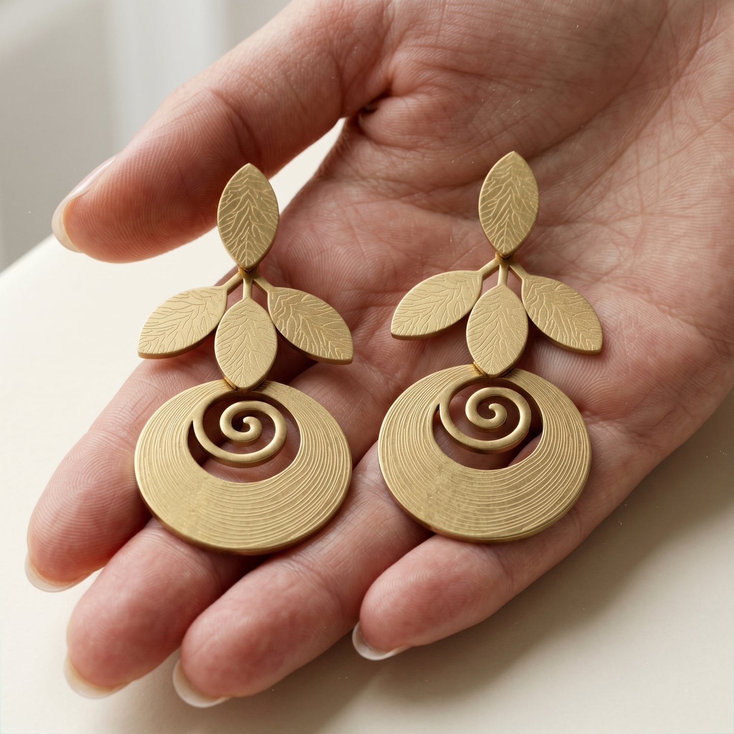 Matte Gold-Tone Laurel Leaf & Spiral Medallion Drop Earrings