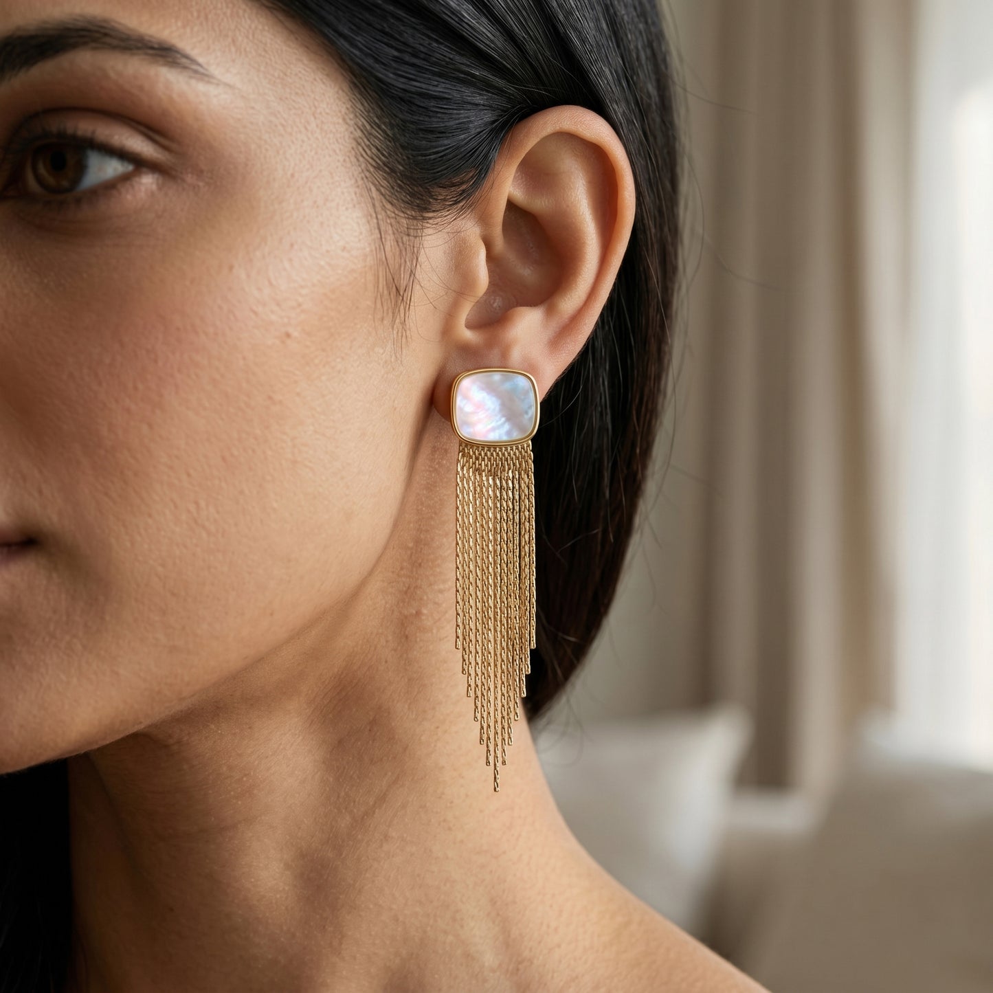 Mother-of-Pearl Inlay & Chevron Tassel Earrings