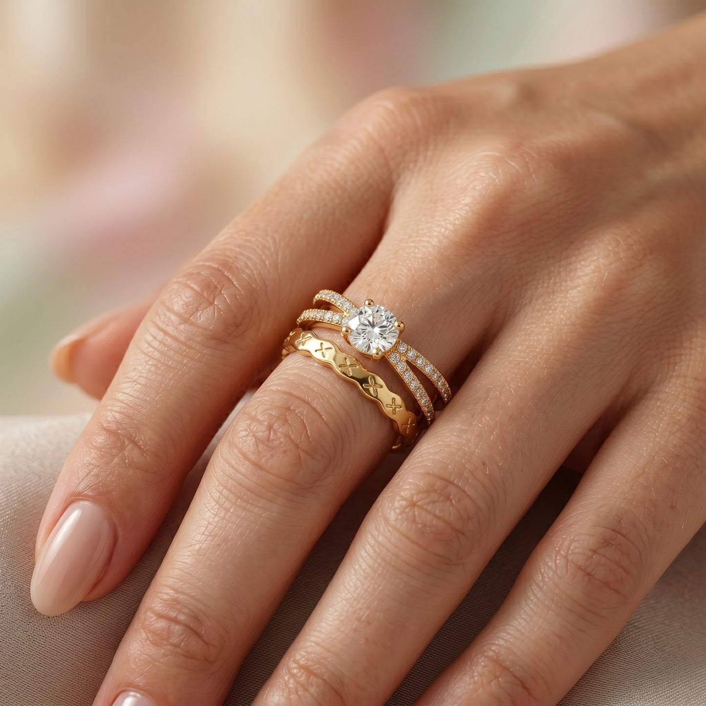 Layered Solitaire Adjustable Ring