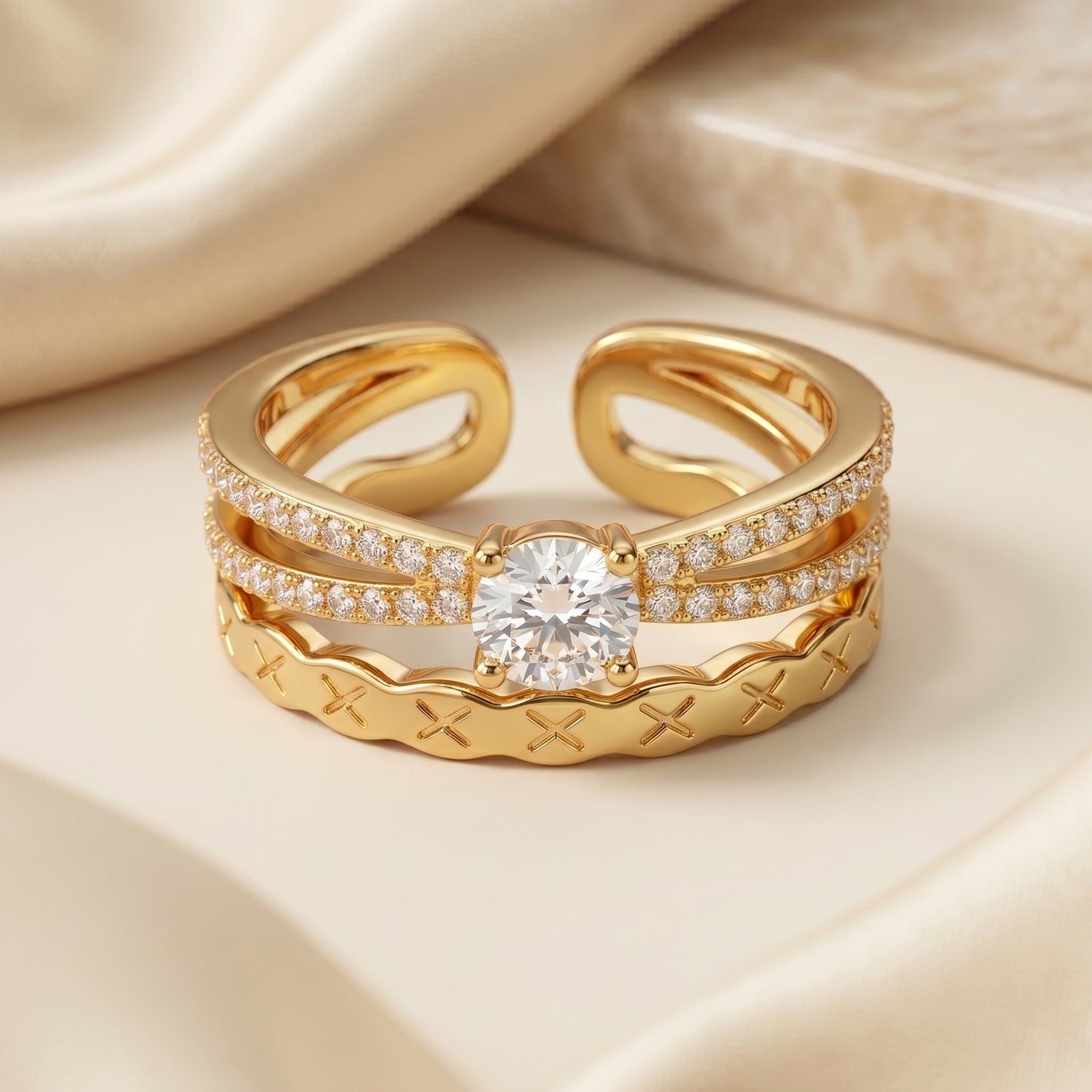 Layered Solitaire Adjustable Ring