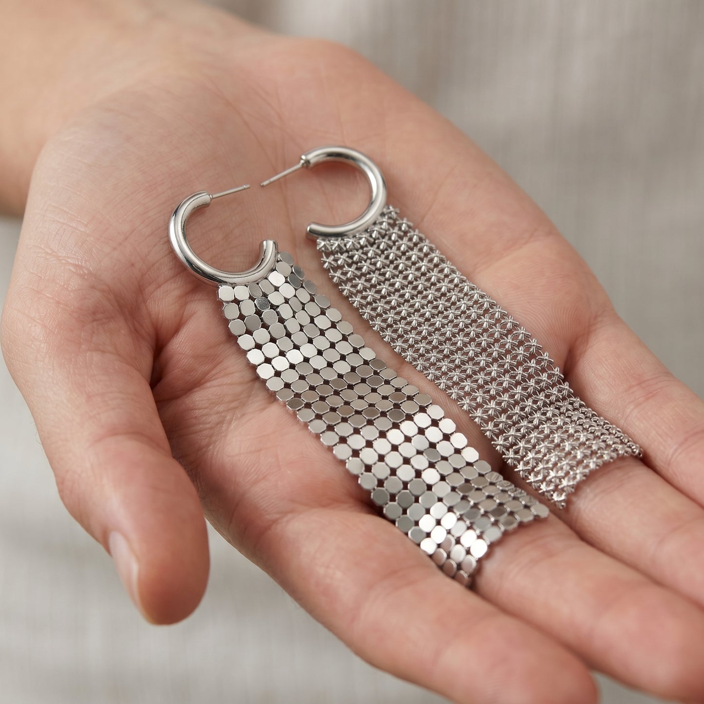 Silver-Tone Mesh Tassel Drop Hoop Earrings
