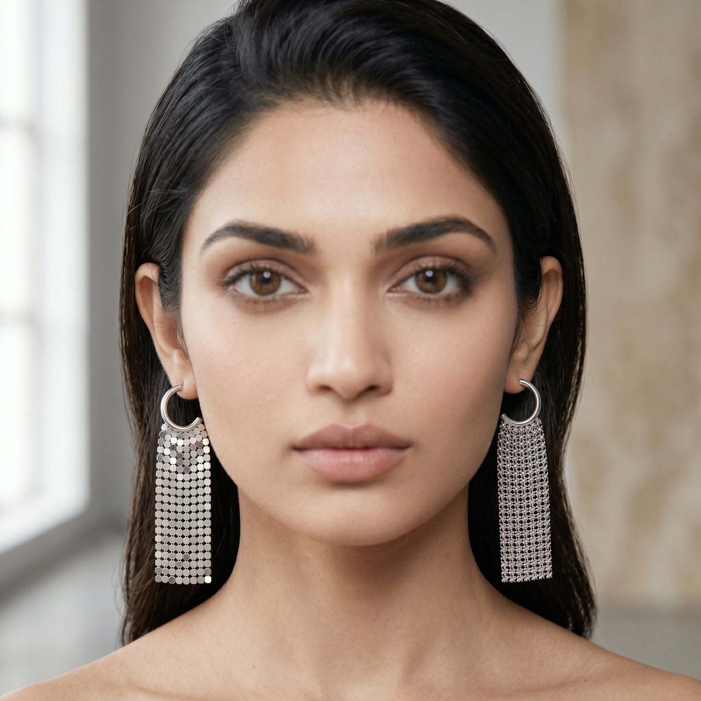 Silver-Tone Mesh Tassel Drop Hoop Earrings