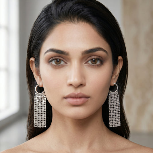 Silver-Tone Mesh Tassel Drop Hoop Earrings