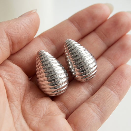 Silver-Tone Ribbed Teardrop Statement Studs