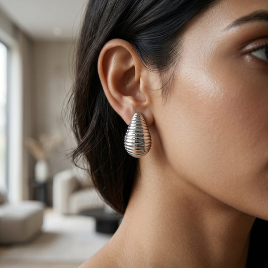Silver-Tone Ribbed Teardrop Statement Studs