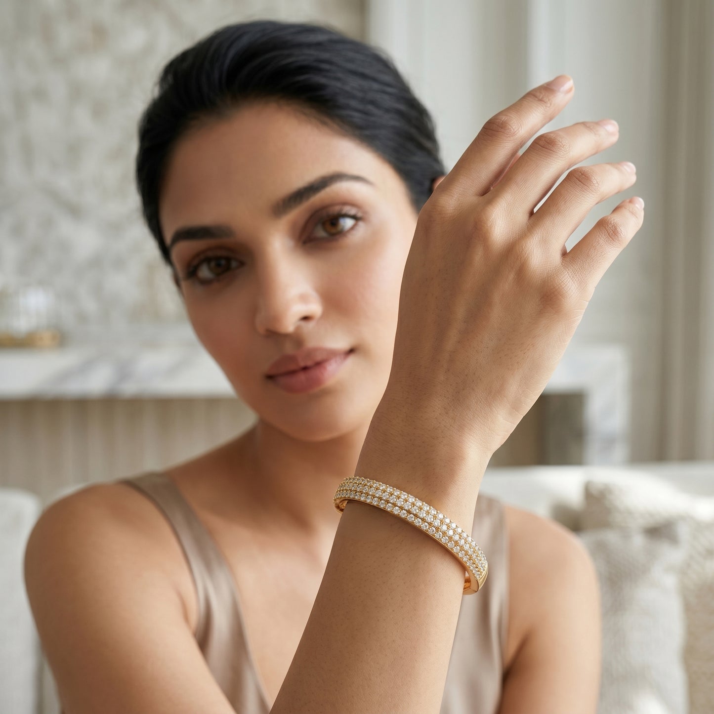Triple-Row Pavé Diamond-Style Hinged Cuff Kada