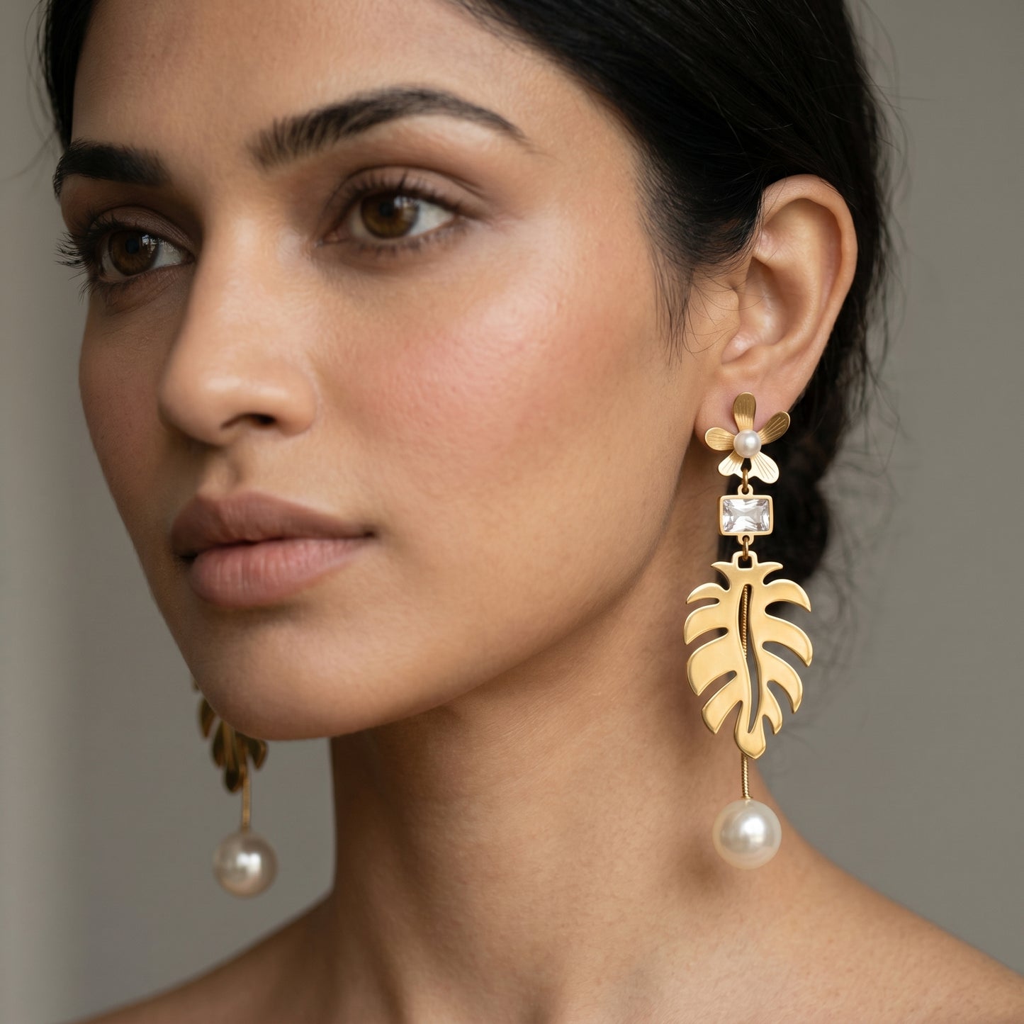 Tropical Monstera & Floral Pearl Drop Earrings