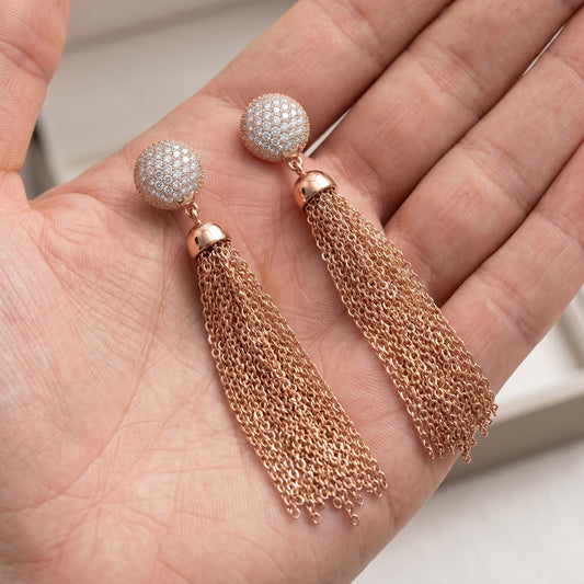 Pave Disc & Chain Tassel Drop Earrings